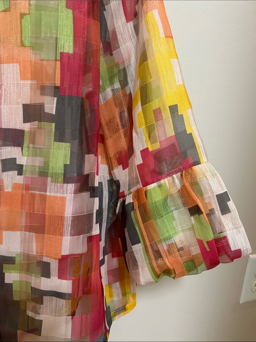 Joseph Ribkoff Size 10 Pixelated Geometric Ruffle-Front Sheer Blouse - Picture 11 of 16